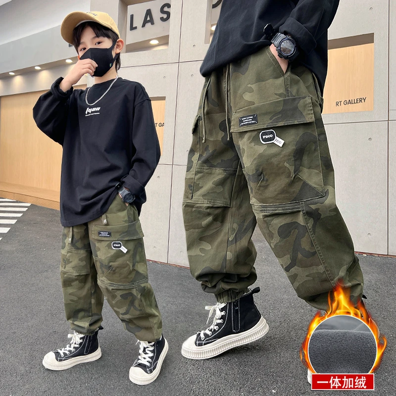 男童迷彩裤冬季加绒儿童弹力休闲裤新款中大童运动工装长裤子加厚