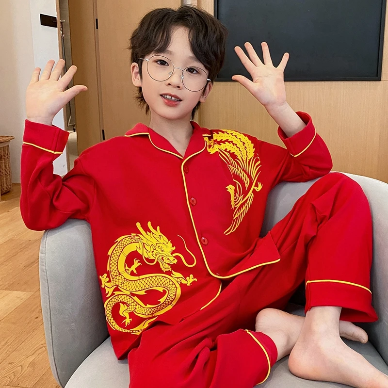 儿童宝宝纯棉套装喜庆红色秋冬季中大童本命年男童开衫家居服睡衣