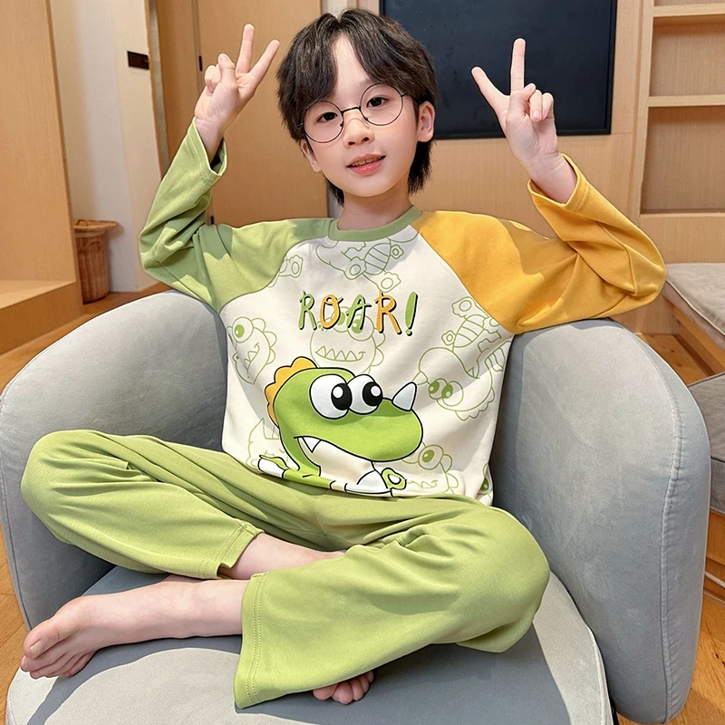 【亲子纯棉睡衣套装】秋冬季儿童圆领长袖中大童男宝套头卡通家居服