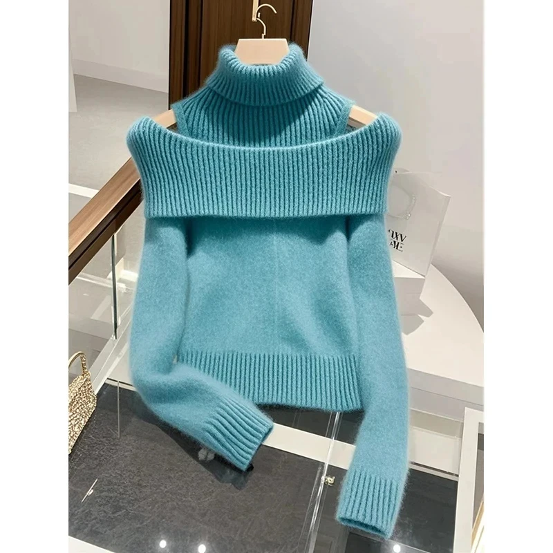 法式气质小香风蓝色假两件毛衣2025秋冬高级感独特超好看针织上衣