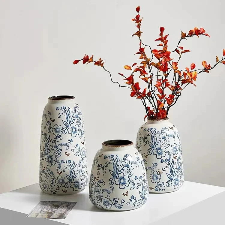 新中式青花瓷陶瓷花瓶客厅复古做旧摆件高级感斑驳青花341B