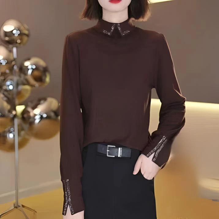 2024秋冬新双面绒高档烫钻打底衫长袖时尚百搭外穿显瘦保暖小衫