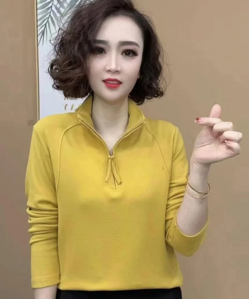 秋冬季新品时尚百搭修身显瘦卫衣加绒加厚半拉链长袖纯色女上衣