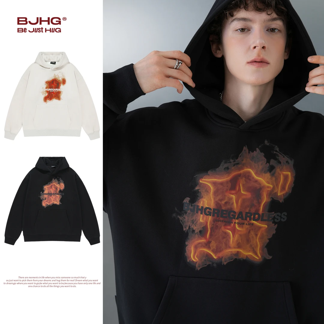 【直播专享】BJHG秋季美式hiphop火焰加绒卫衣男潮牌宽松重磅连帽衫