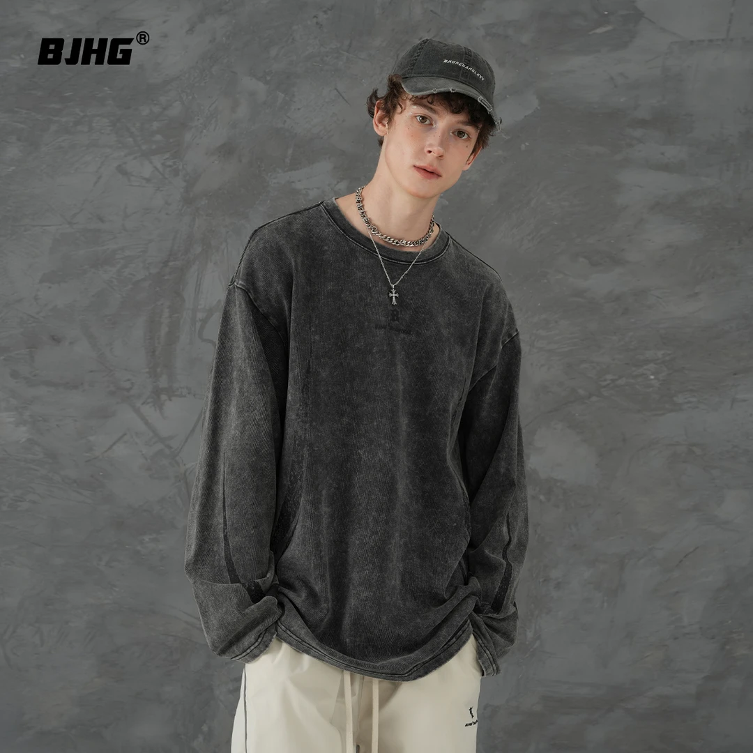 BJHG不计后果 秋季水洗做旧美式重磅长袖T恤男士复古街头潮牌上衣