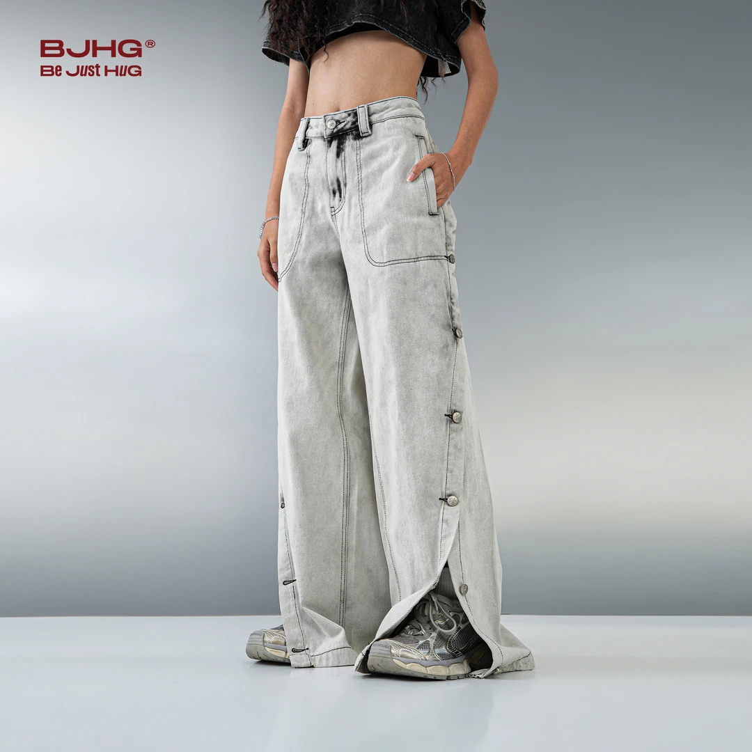 【直播专享】BJHG美式高街水洗微喇阔腿牛仔裤秋宽松侧排扣vibe裤子