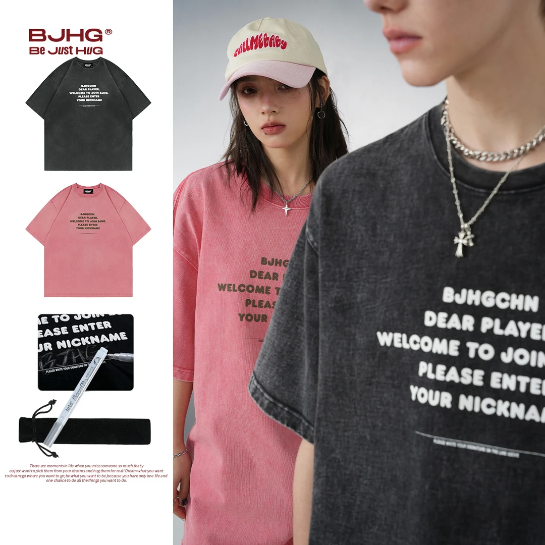 BJHG夏季重磅纯棉短袖T恤 男潮牌发泡印花水洗做旧宽松半袖女