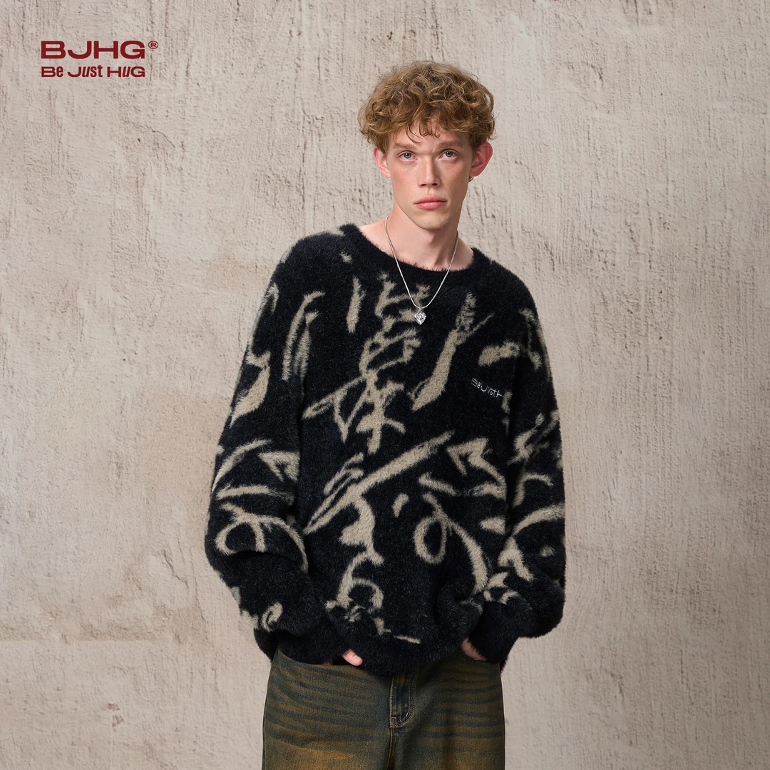 BJHG不计后果仿貂毛书法毛衣男款冬季新中式慵懒风潮牌情侣针织衫