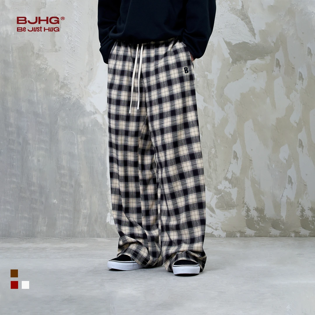 BJHG不计后果休闲裤子男款春秋2025新款潮宽松美式直筒运动格子裤