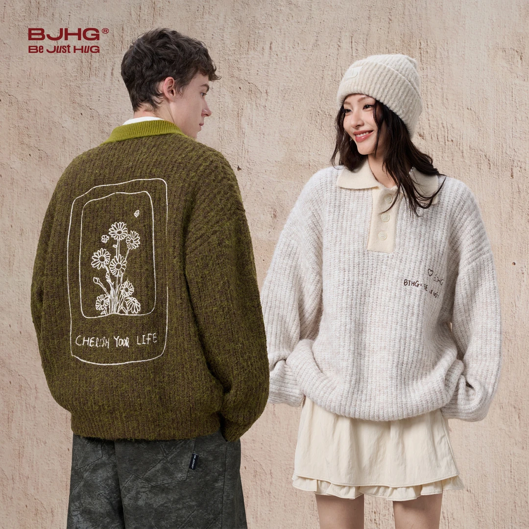 BJHG不计后果美式POLO领毛衣外套男生秋季潮牌宽松慵懒风情侣上衣