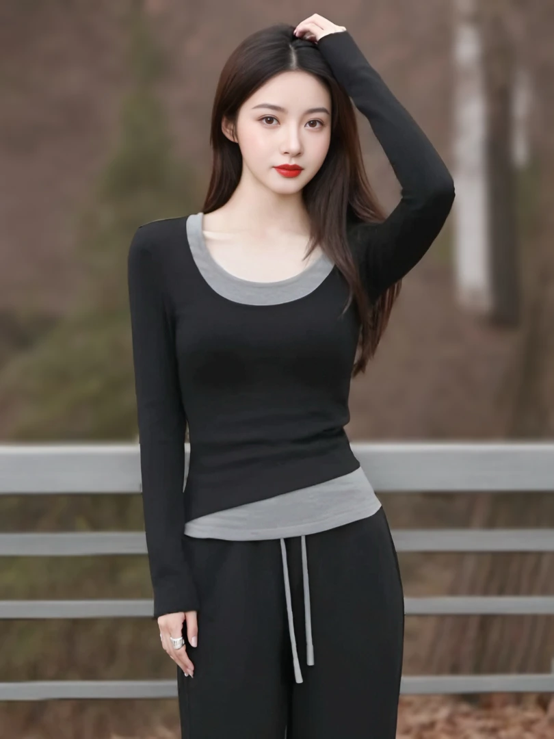 秋冬不规则百搭假两件长袖T恤女 打底显瘦秋季新款修身上衣女1040