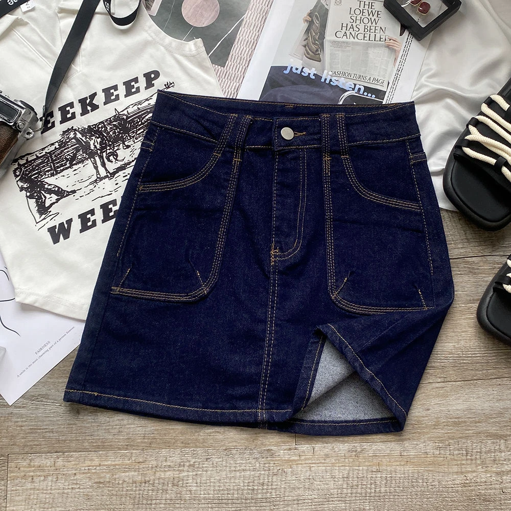 深蓝色牛仔半身裙女秋季薄款2025年新款高腰显瘦弹力a字包臀短裙