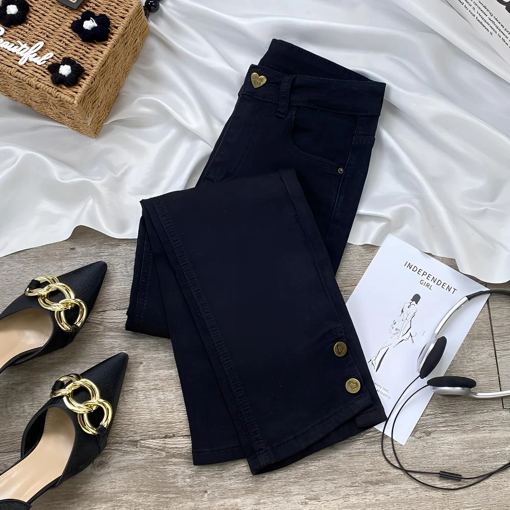 黑色烟管牛仔裤女2025秋季新款加绒窄版九分小个子高腰直筒法棍裤