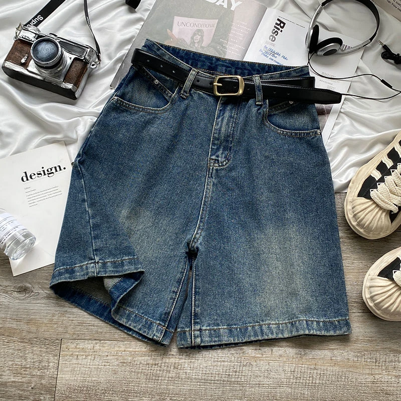 美式复古高腰直筒牛仔短裤女2025年新款秋季薄款宽松阔腿五分中裤