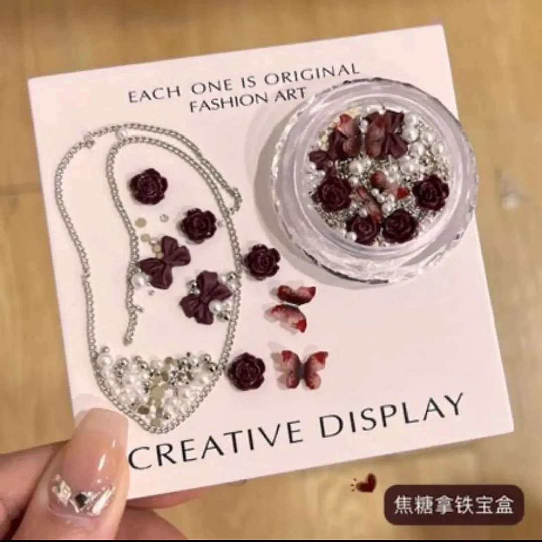 辣妹酒红山茶花美甲饰品小红书爆款材料包藤野珊瑚蝴蝶装饰品指甲