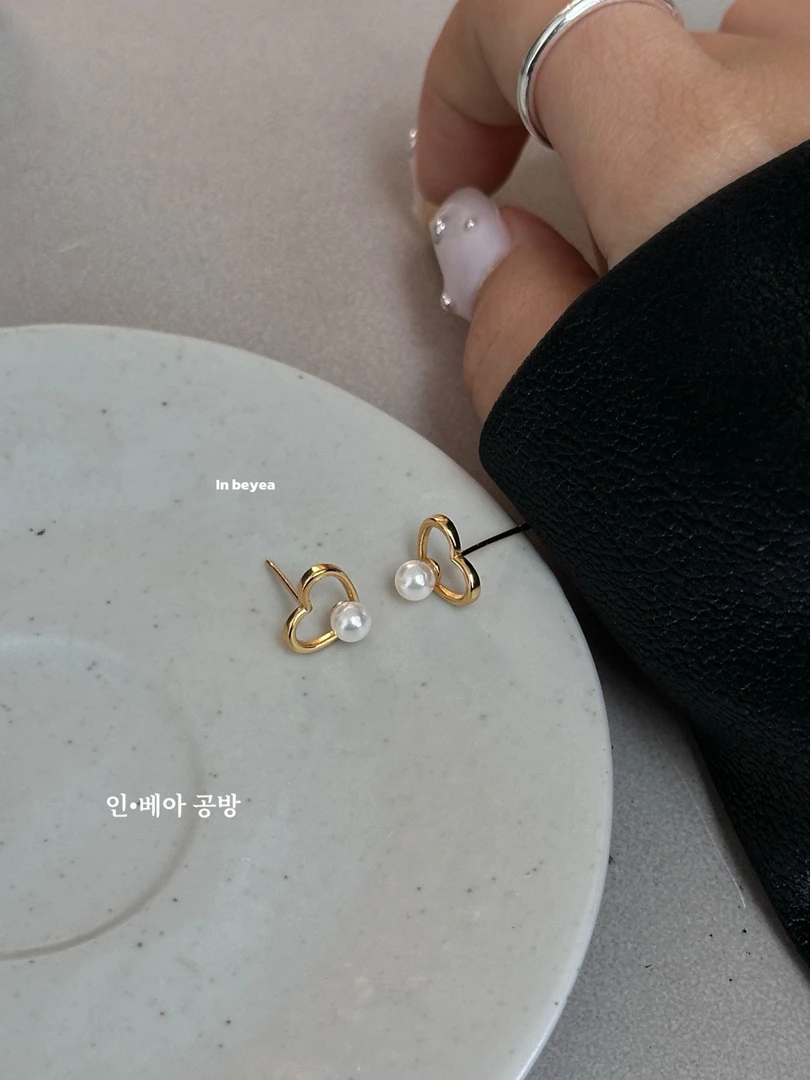 925银仿珍珠耳饰 爱心耳钉 通体银 金色 25545