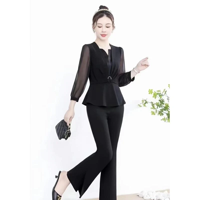 T675【断码清仓】春秋时尚气质正装开叉阔腿裤两件套套裤AT