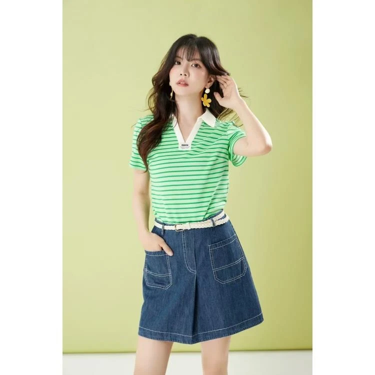 T082春夏时尚气质Polo领条纹T牛仔半裙两件套套裙DM3