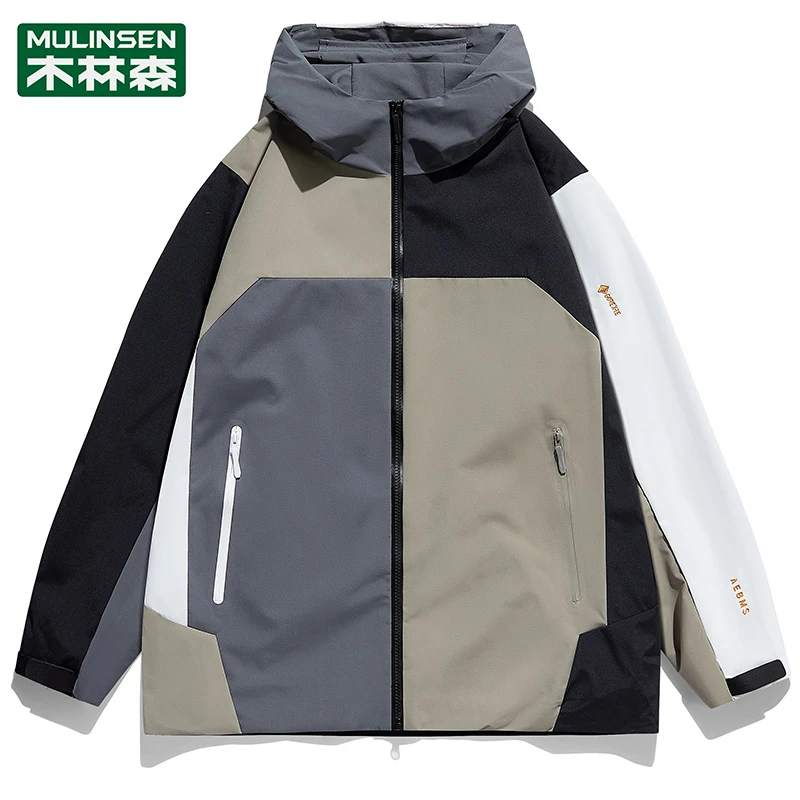 木林森外套男春秋季潮牌户外运动工装拼色夹克防风防水登山冲锋衣