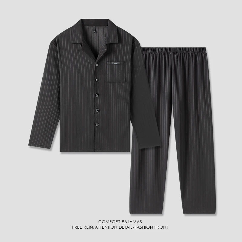 【大码】春秋季男士冰雪丝睡衣长袖可外穿家居服-24232黑色条纹
