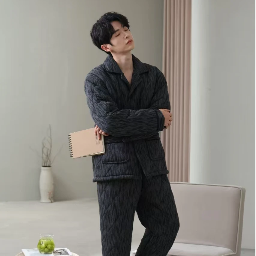 【翻领夹棉】冬季加厚男士睡衣三层针织夹棉家居服套装-黑灰24341