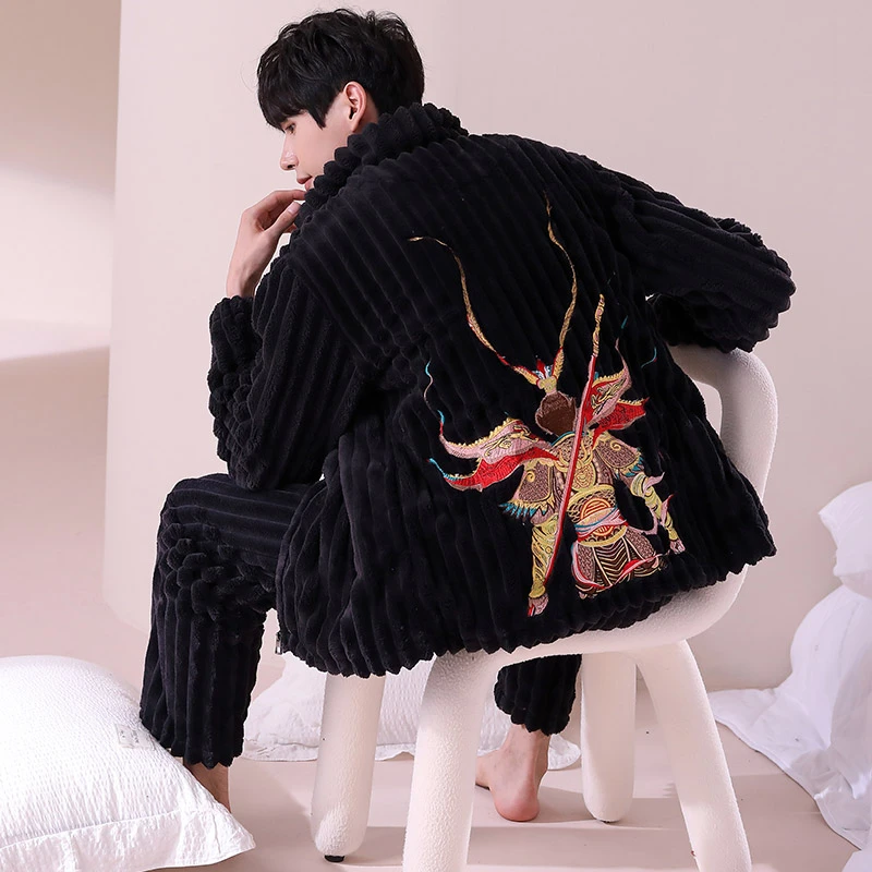 正品【大圣归来】冬季男士睡衣套装刺绣双面抽条绒保暖家居服-22264