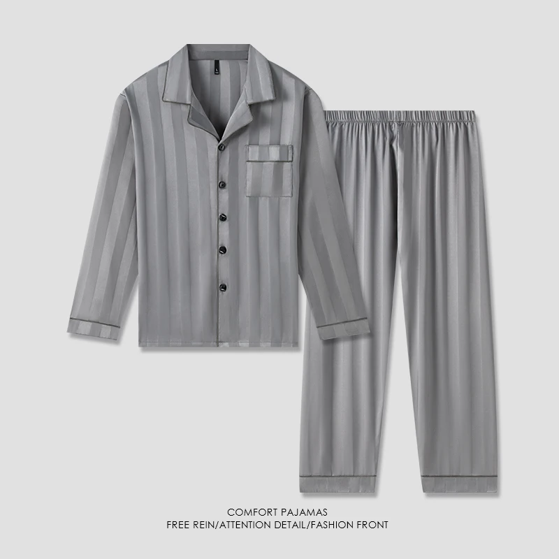 【好福份】春秋季男士冰雪丝睡衣长袖可外穿家居服-24225烟灰条纹