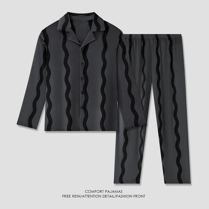 【好福份】秋冬季中厚款男士海岛绒睡衣保暖家居服-波浪条纹23428