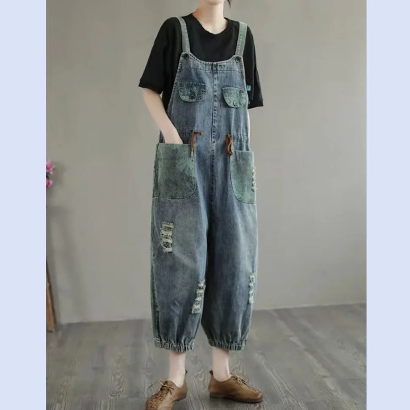 2025春夏减龄显瘦洋气新款文艺复古印花牛仔背带裤