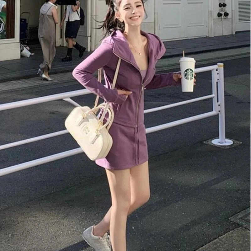 小个子女装春秋新款时尚原创设计紫色修身连帽外套半身短裙两件套