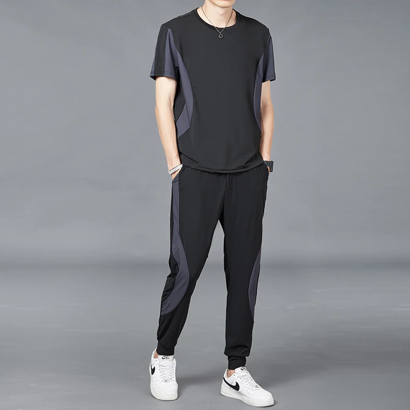 夏季休闲时尚套装速干舒适透气冰感散热圆领体恤长裤运动跑步宽松