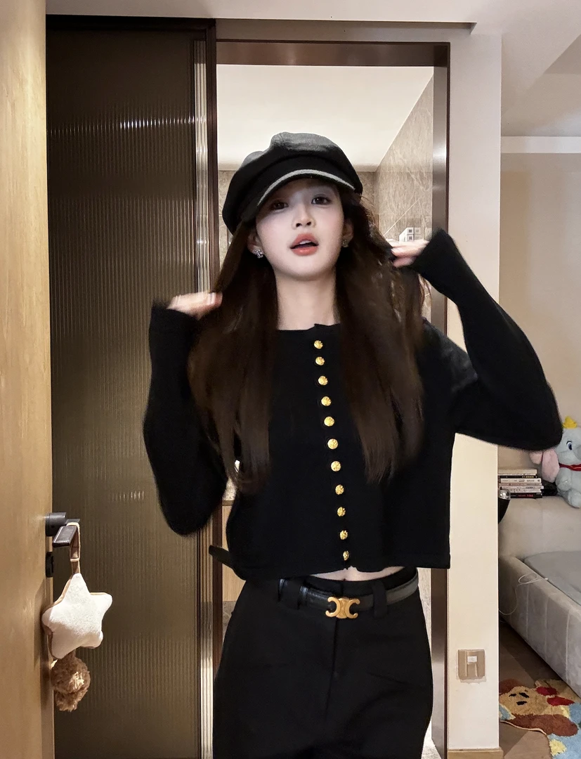 SSYDFER【墨染】长袖短款时尚休闲复古圆领气质百搭秋冬设计感毛衣