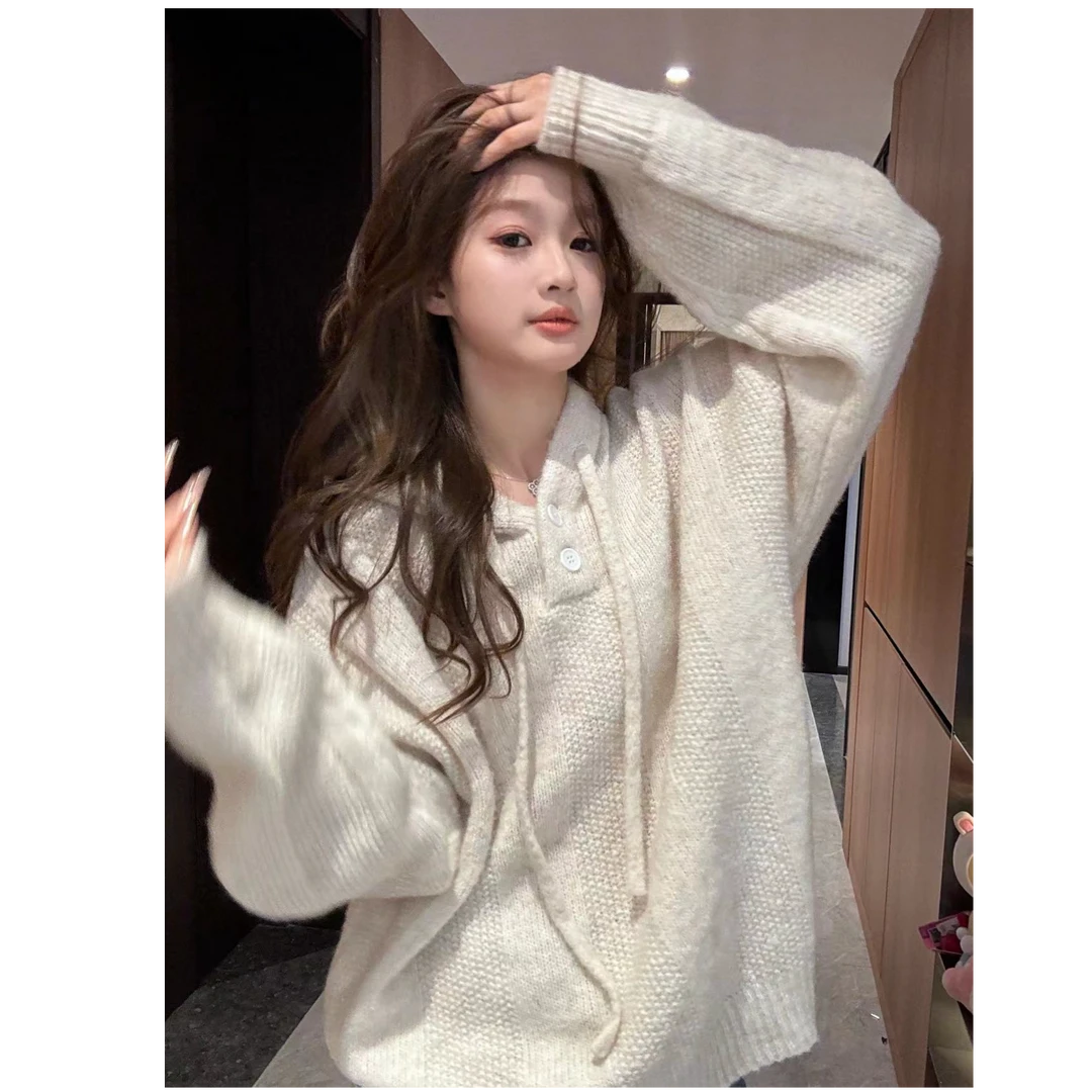 SSYDFER【暖暖】休闲小众连帽宽松秋冬新款百搭设计感毛衣