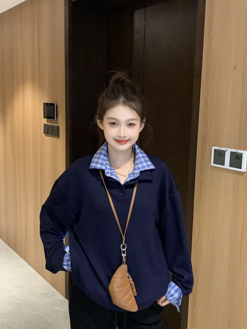 SSYDFER【罗马假日】慵懒风假两件格子拼接长袖宽松卫衣女款