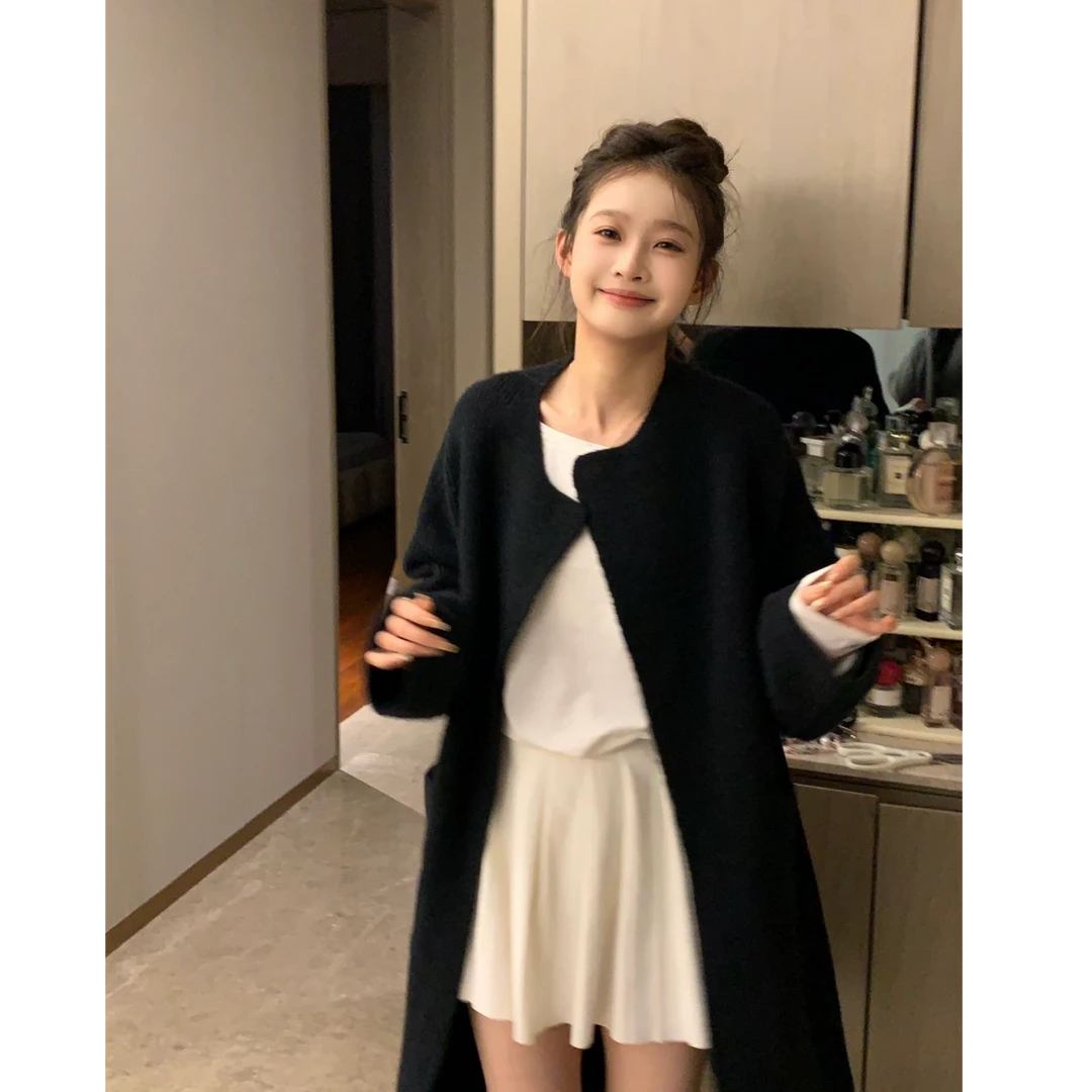 SSYDFER【还是你】长款毛衣气质宽松中长款韩版秋季新款黑色大衣