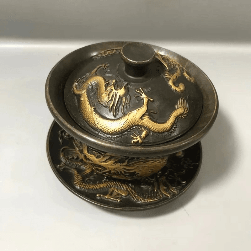 【铜器】民俗古玩杂项收藏仿古铜茶盏三件三才套盖碗茶杯中式工艺品