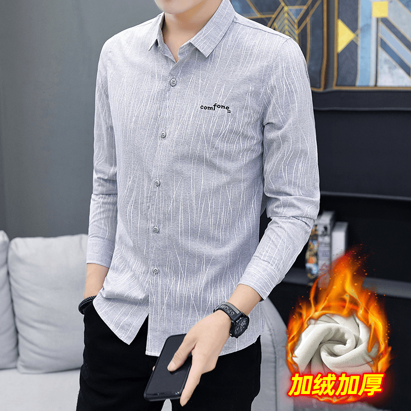 男士加绒保暖衬衫2023冬季高档方领宽松男装秋冬款潮牌痞帅衬衣男