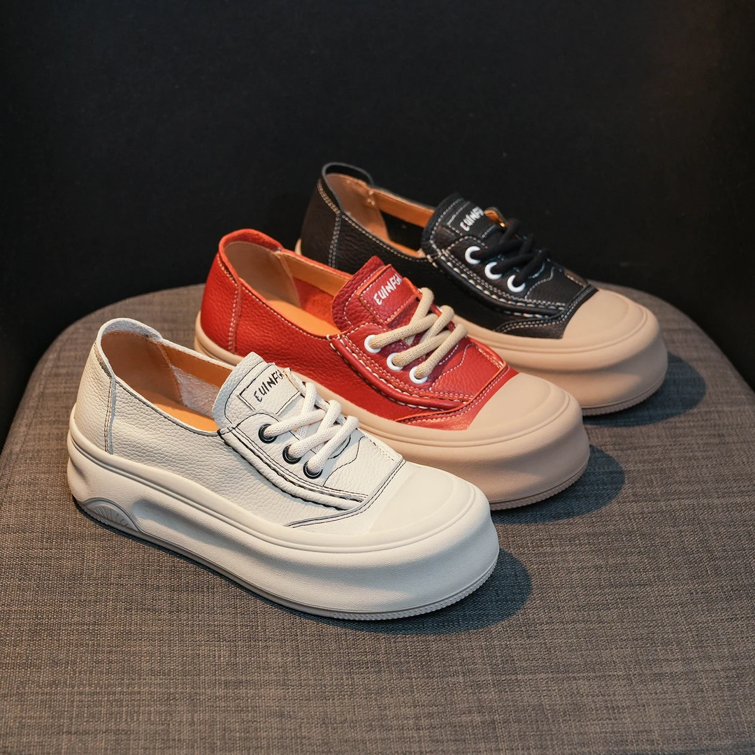 【新品】真皮百搭软底女款2024新款网红圆头厚底休闲复古鞋女 13635