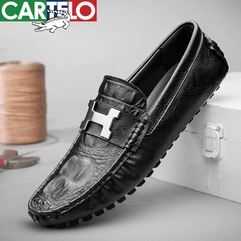 CARTELO/卡帝乐鳄鱼男鞋男士夏季真皮中年舒适豆豆鞋软面防滑耐磨