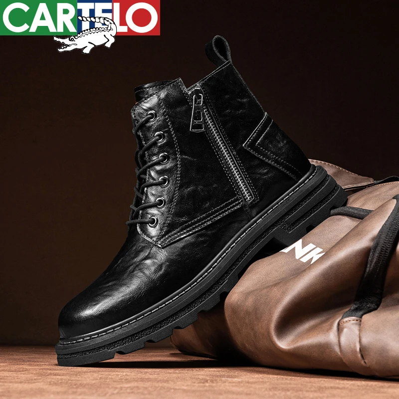 CARTELO/卡帝乐鳄鱼男鞋男士时尚休闲百搭厚底马丁靴潮流潮鞋黑色