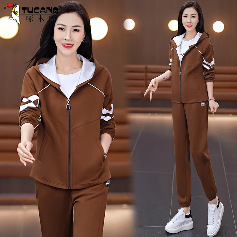 啄木鸟休闲运动服套装女2025新款时尚洋气减龄春秋妈妈外套两件套