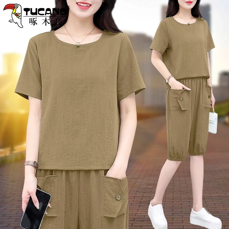 啄木鸟休闲短袖运动套装女夏季薄款2025新款时尚休闲七分裤两件套