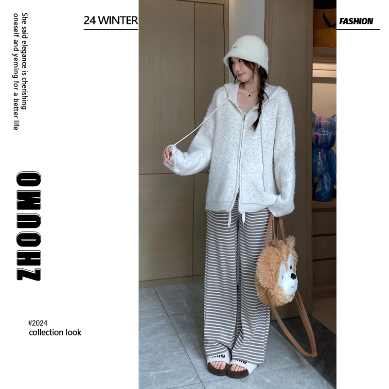 沫沫严选●2024年新款慵懒针织连帽毛衣开衫外套