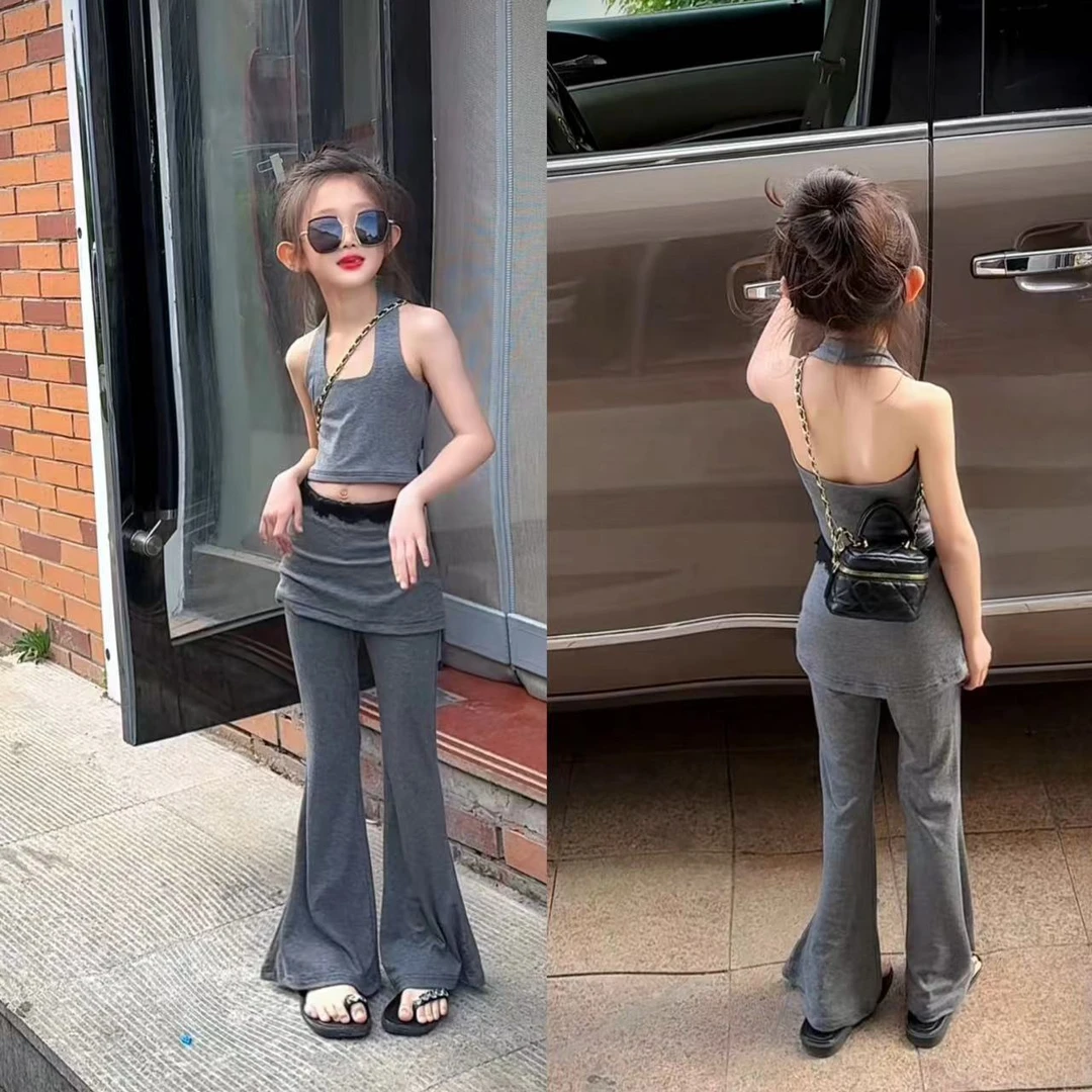 2024夏辣妹女童挂脖漏高腰拼接蕾丝喇叭长裤休闲裤流行炸街两件套