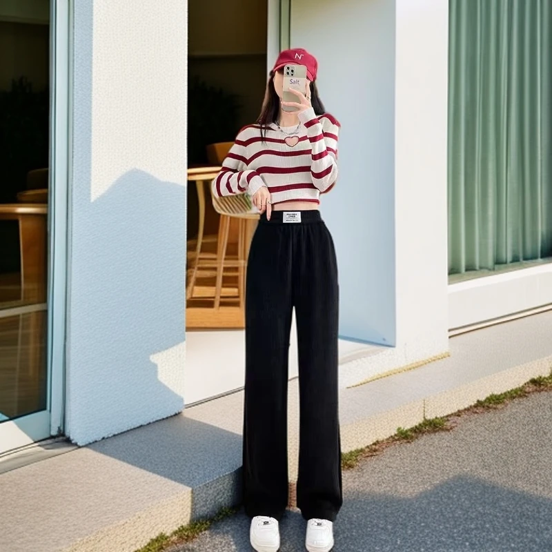 灯芯绒阔腿裤女秋冬季高腰女裤加绒新款垂感窄版显瘦直筒裤休闲裤