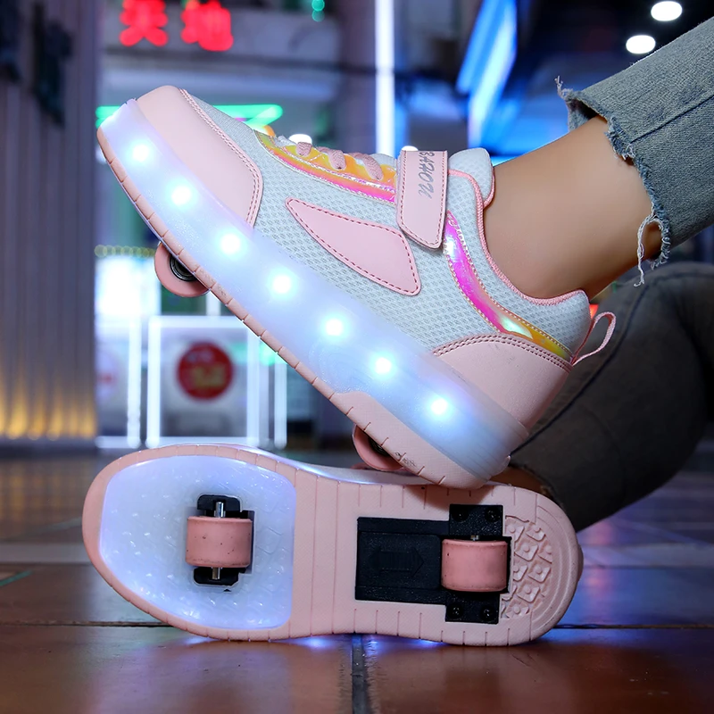 女童暴走鞋正品儿童轮滑鞋网面双轮版可走路爆走鞋隐形滑轮鞋学生