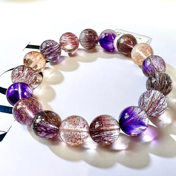 收藏级12.5mm紫红超七金草莓稀有烟花超级7天然水晶手串