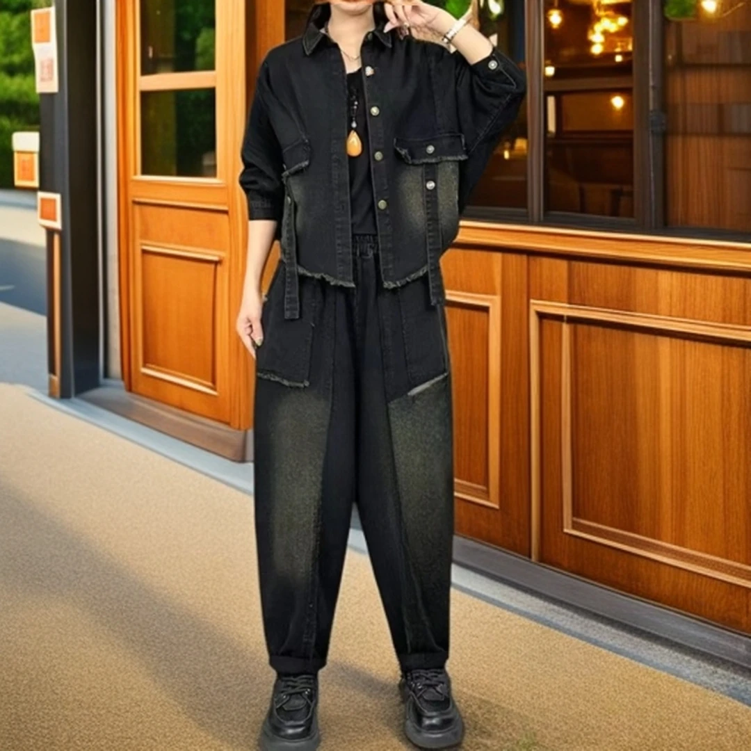 春季牛仔套装时尚宽松蝙蝠衫外套+哈伦裤休闲穿搭显瘦复古女大码