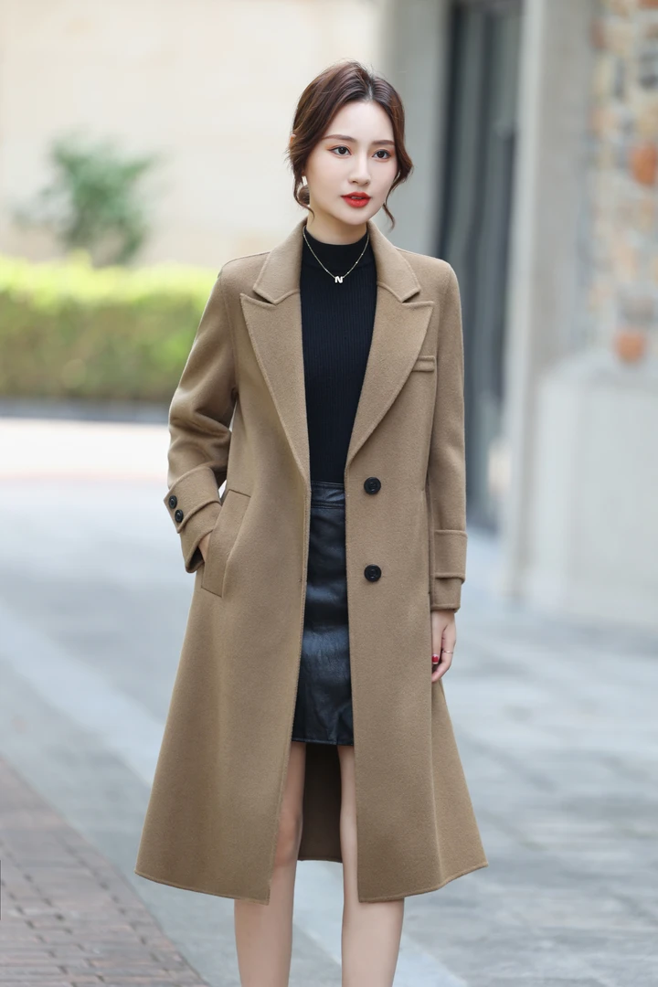 8829时尚气质百搭女士羊毛毛呢修身双面呢韩版秋冬v领外套