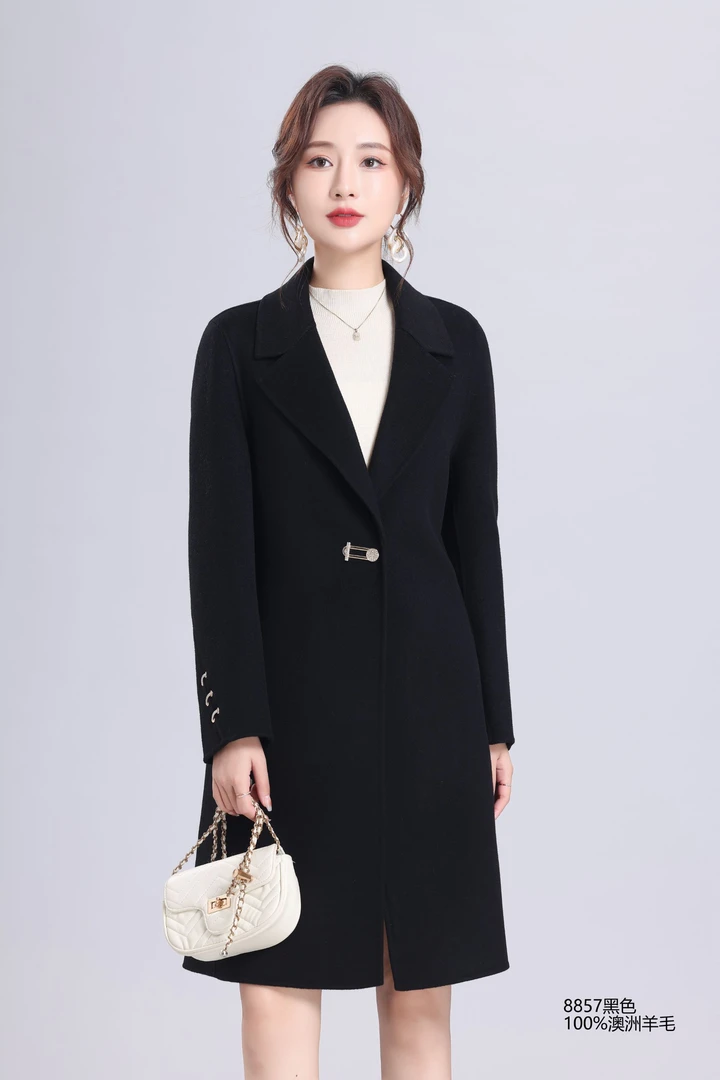 8857双面气质大衣女秋冬新中式西装领高档中长款显瘦洋气时尚